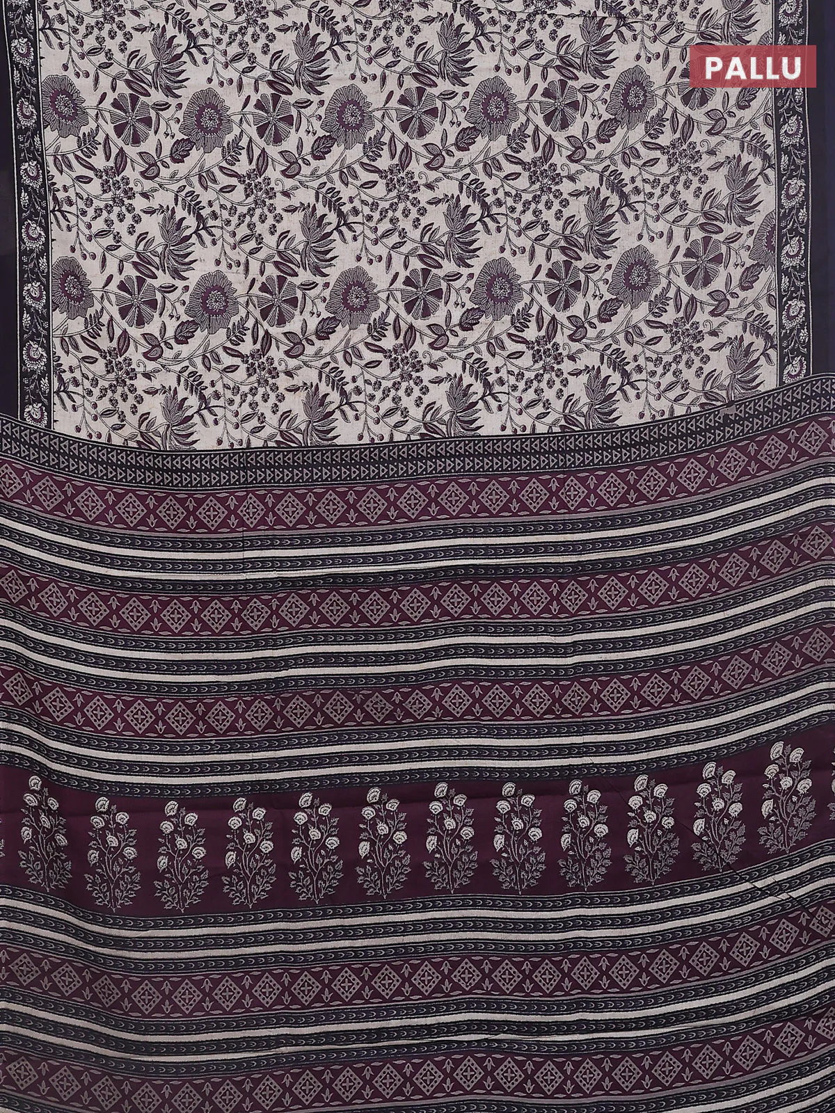 Jaipur cotton saree beige and black with allover prints and printed border - Image 3
