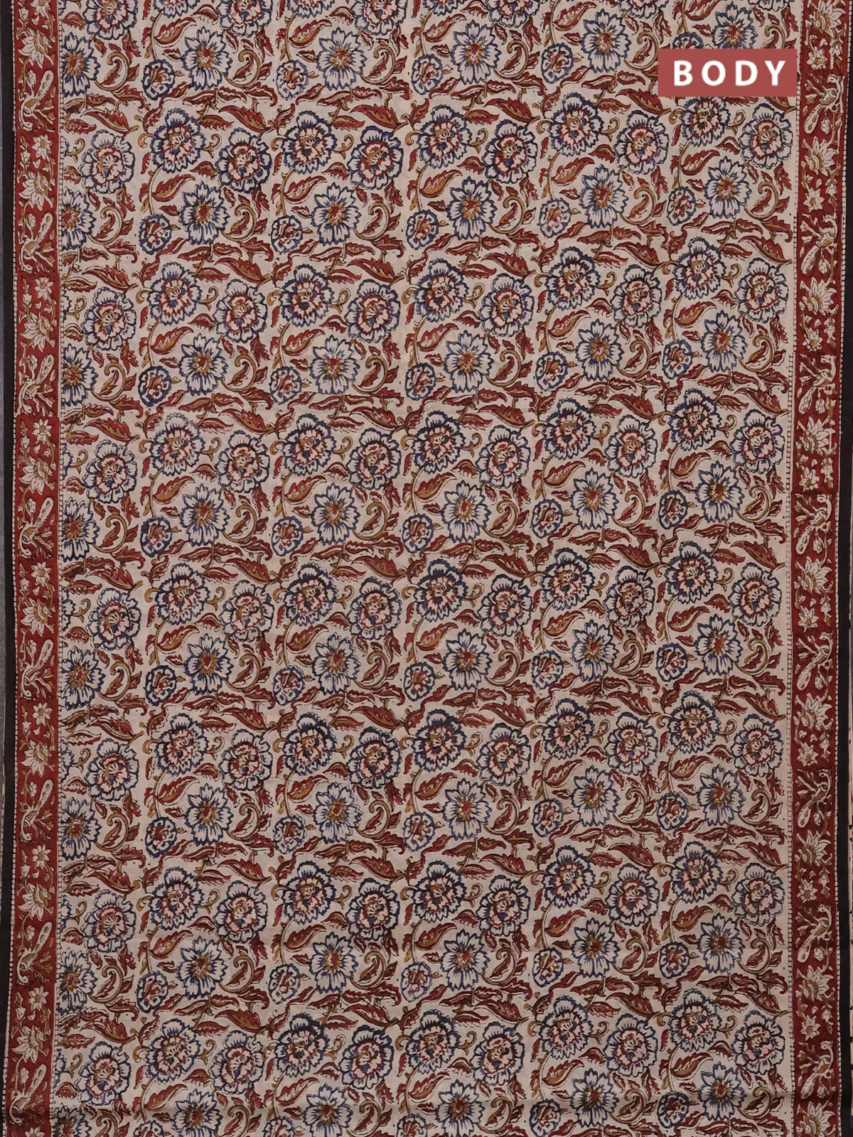 Jaipur cotton saree beige and maroon black with allover kalamkari prints and printed border - Image 2