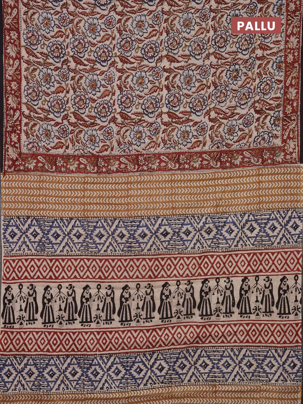 Jaipur cotton saree beige and maroon black with allover kalamkari prints and printed border - Image 3