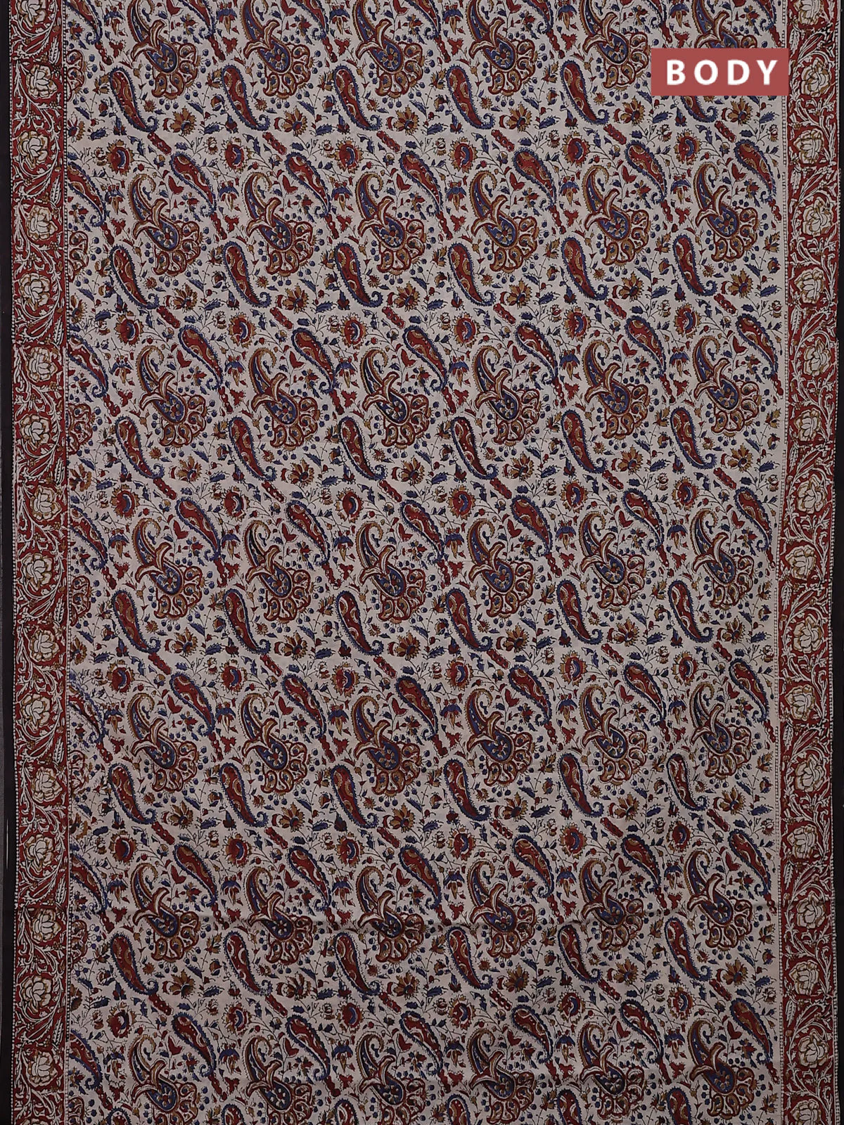 Jaipur cotton saree beige and maroon black with allover kalamkari prints and printed border - Image 2