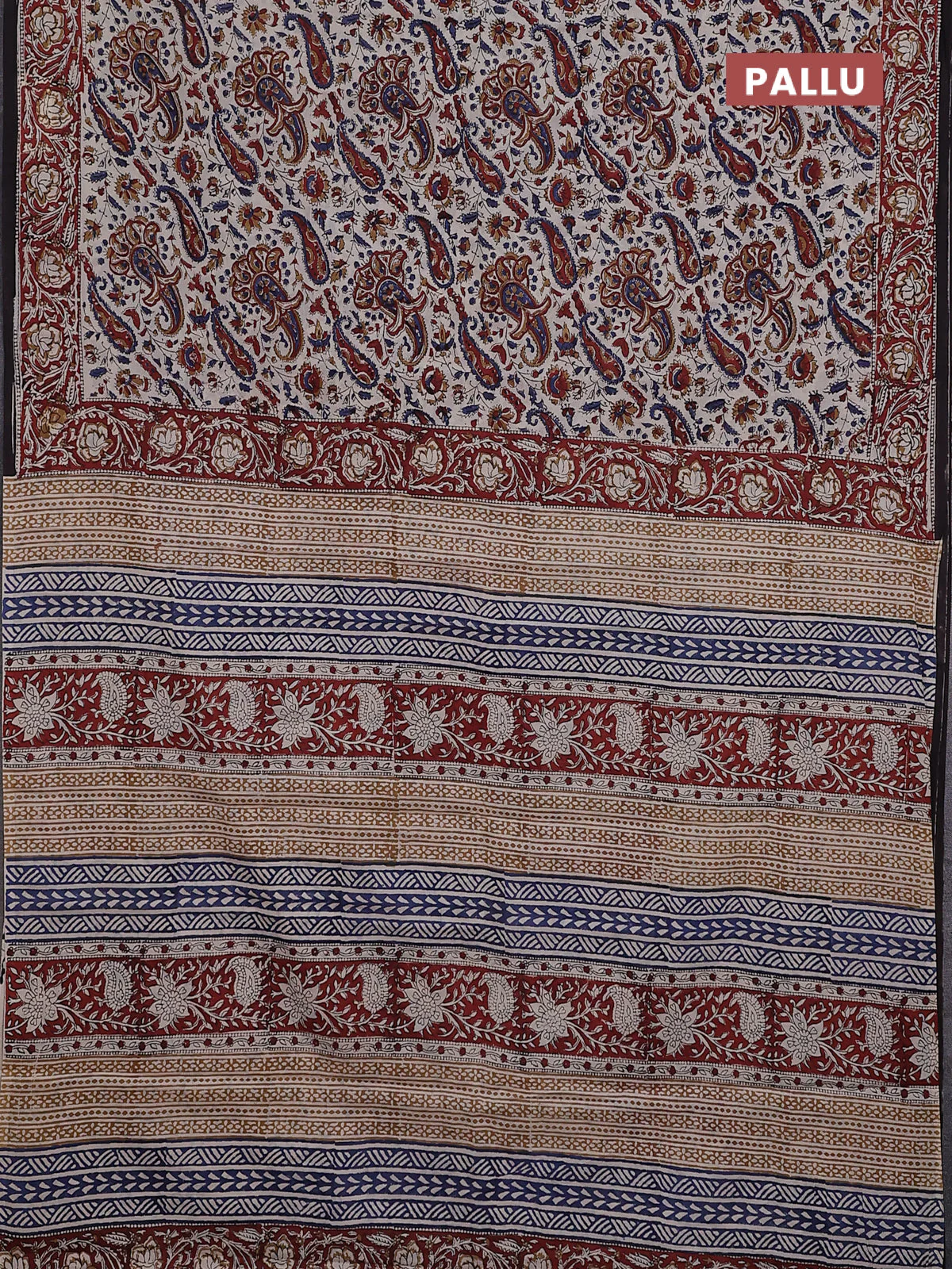 Jaipur cotton saree beige and maroon black with allover kalamkari prints and printed border - Image 3