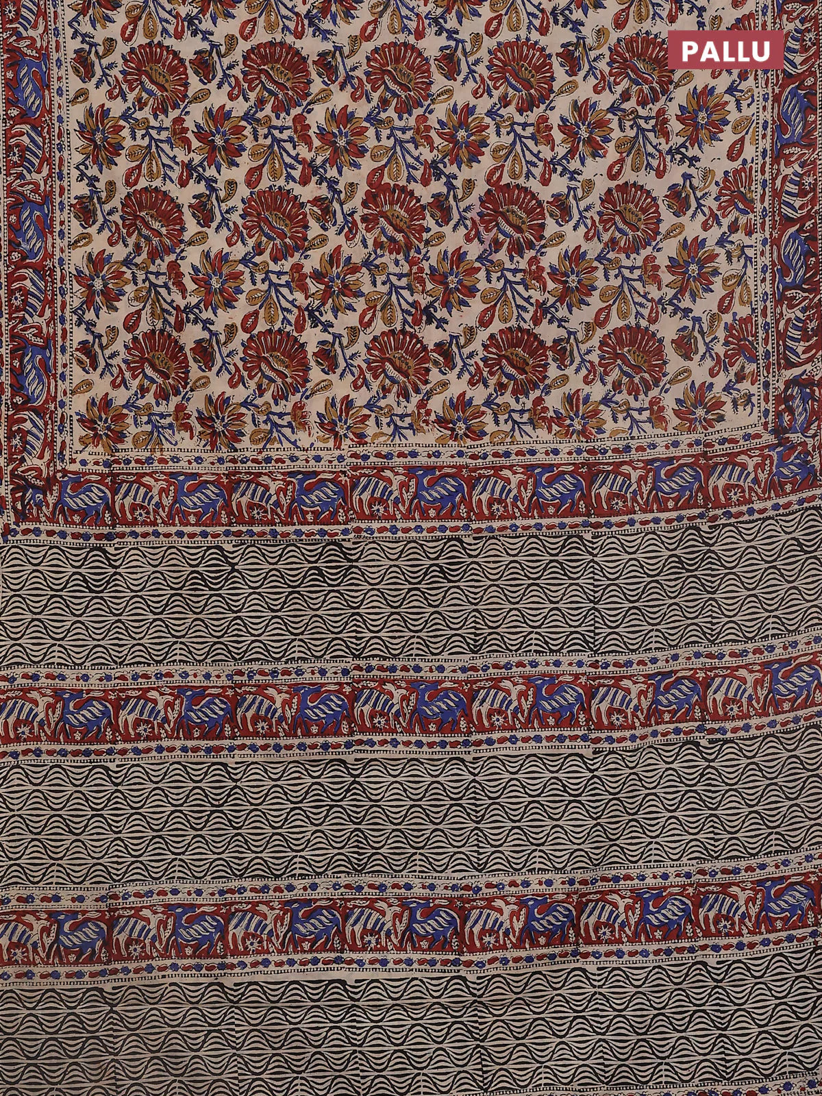Jaipur cotton saree beige and maroon with allover kalamkari prints and printed border - Image 3
