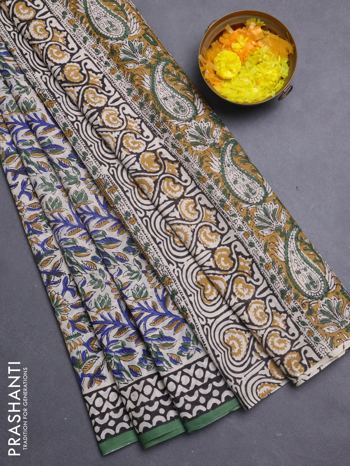 Jaipur cotton saree beige rust shade and green black with allover kalamkari prints and printed border