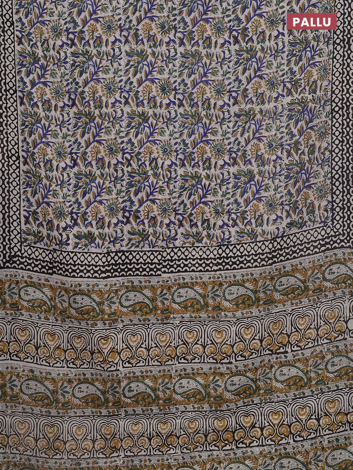 Jaipur cotton saree beige rust shade and green black with allover kalamkari prints and printed border - Image 3