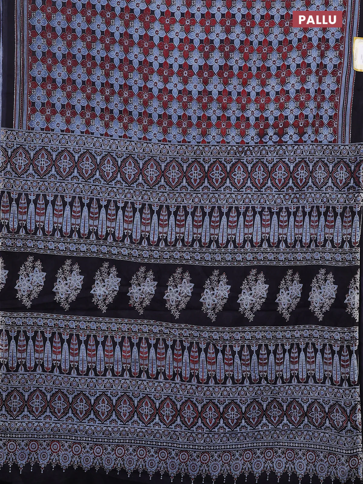 Jaipur cotton saree black and blue maroon with allover ajrakh prints and printed border - Image 3