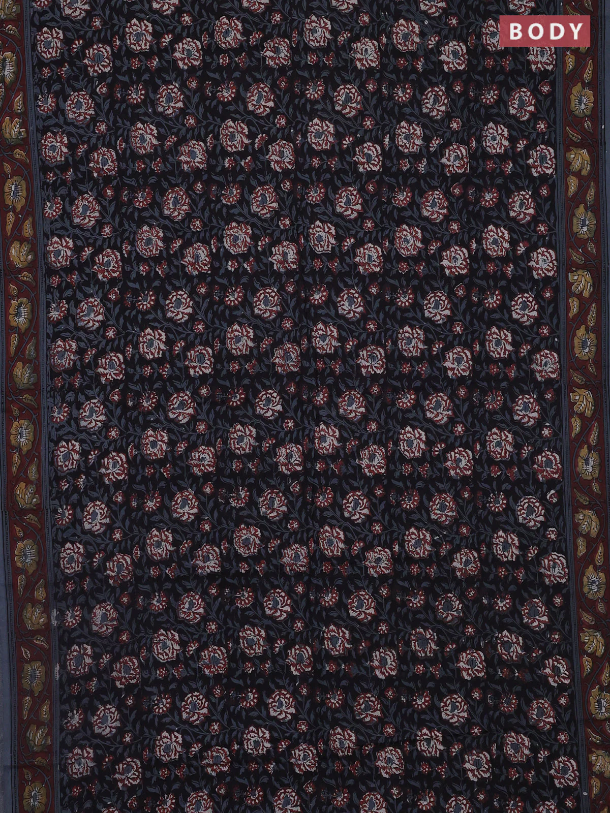 Jaipur cotton saree black and brown grey with allover kalamkari prints and printed border - Image 2