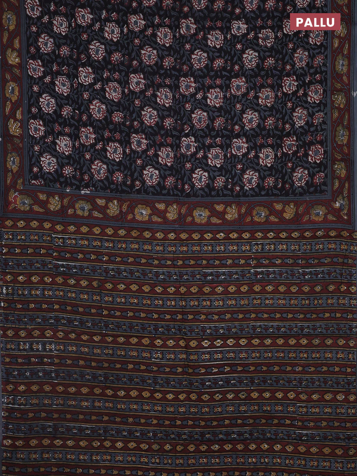 Jaipur cotton saree black and brown grey with allover kalamkari prints and printed border - Image 3