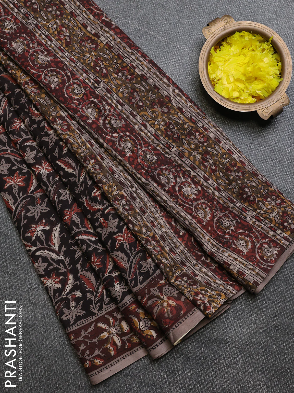 Jaipur cotton saree black and brown grey with allover kalamkari prints and printed border