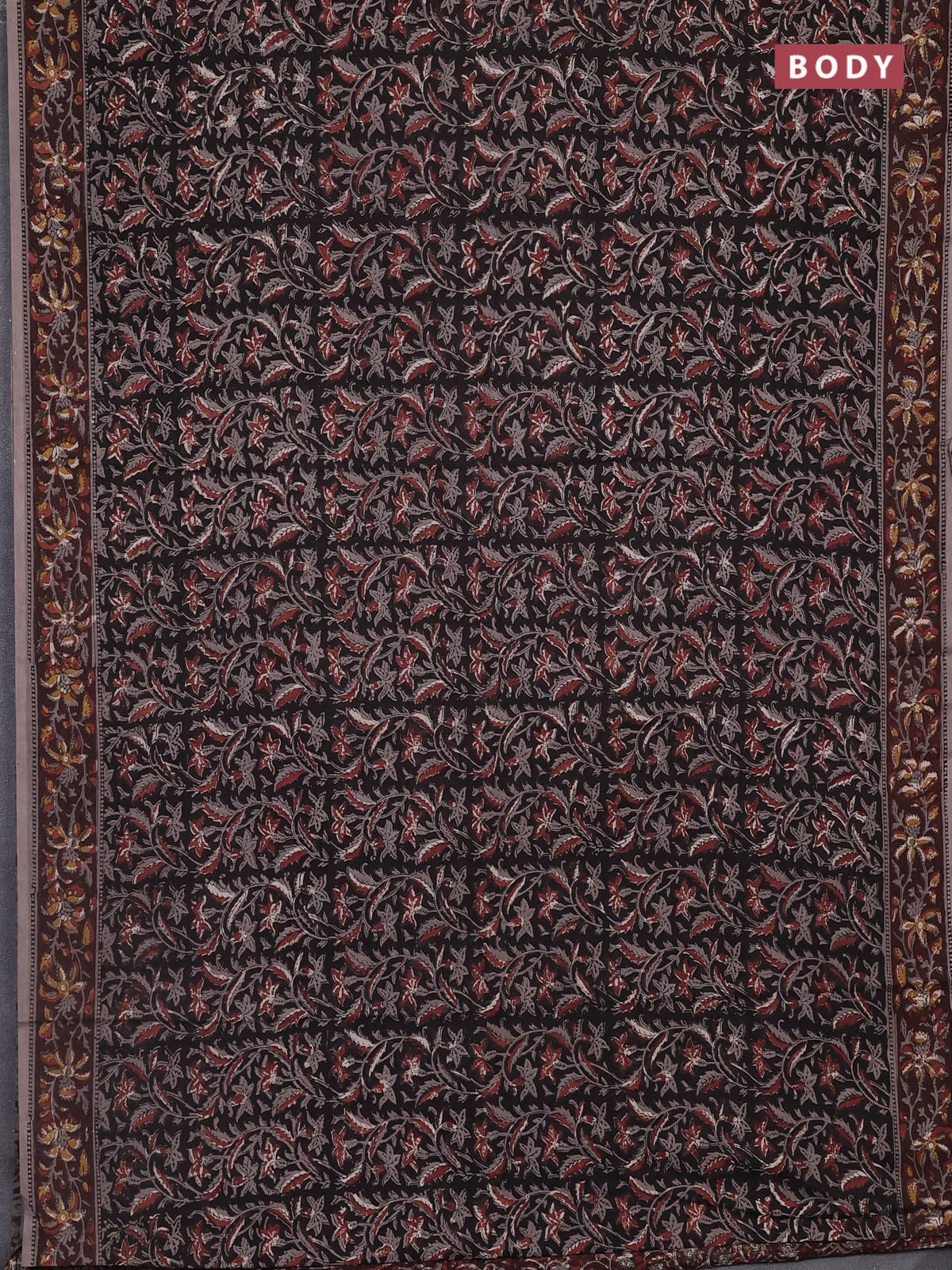 Jaipur cotton saree black and brown grey with allover kalamkari prints and printed border - Image 2