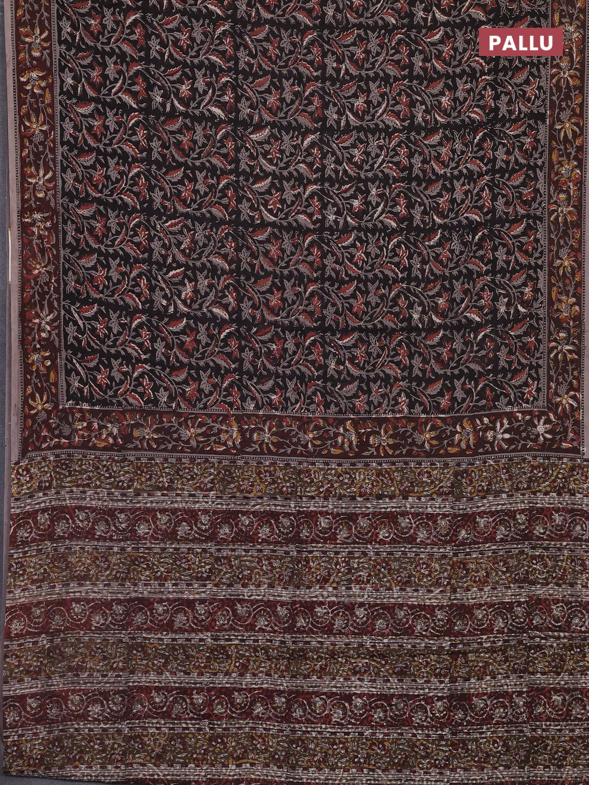 Jaipur cotton saree black and brown grey with allover kalamkari prints and printed border - Image 3