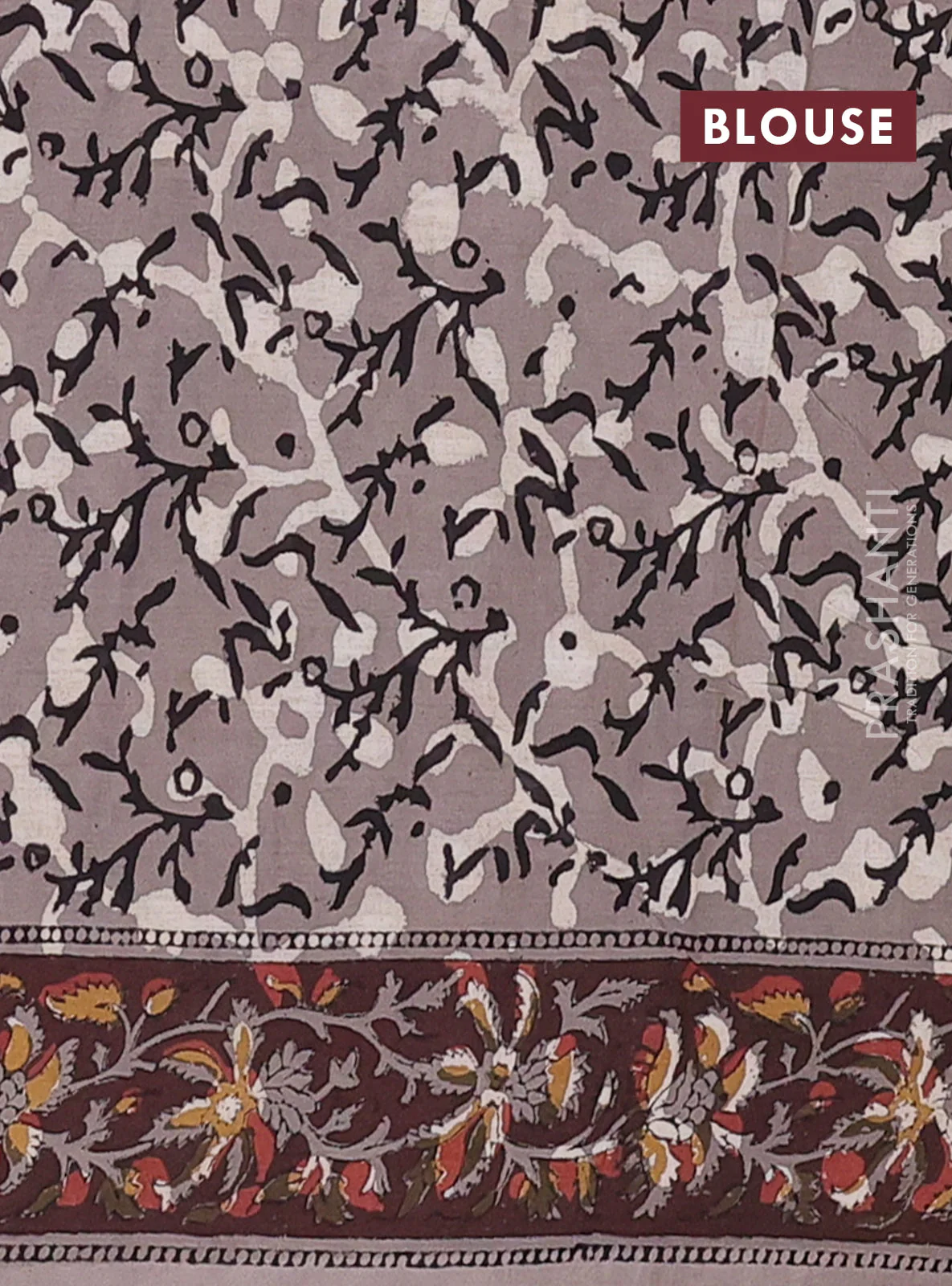 Jaipur cotton saree black and brown grey with allover kalamkari prints and printed border - Image 4