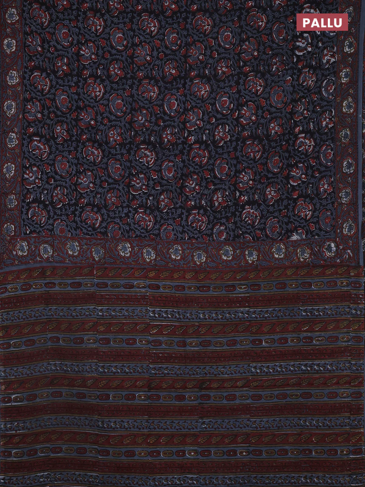 Jaipur cotton saree black and grey with allover kalamkari prints and printed border - Image 3