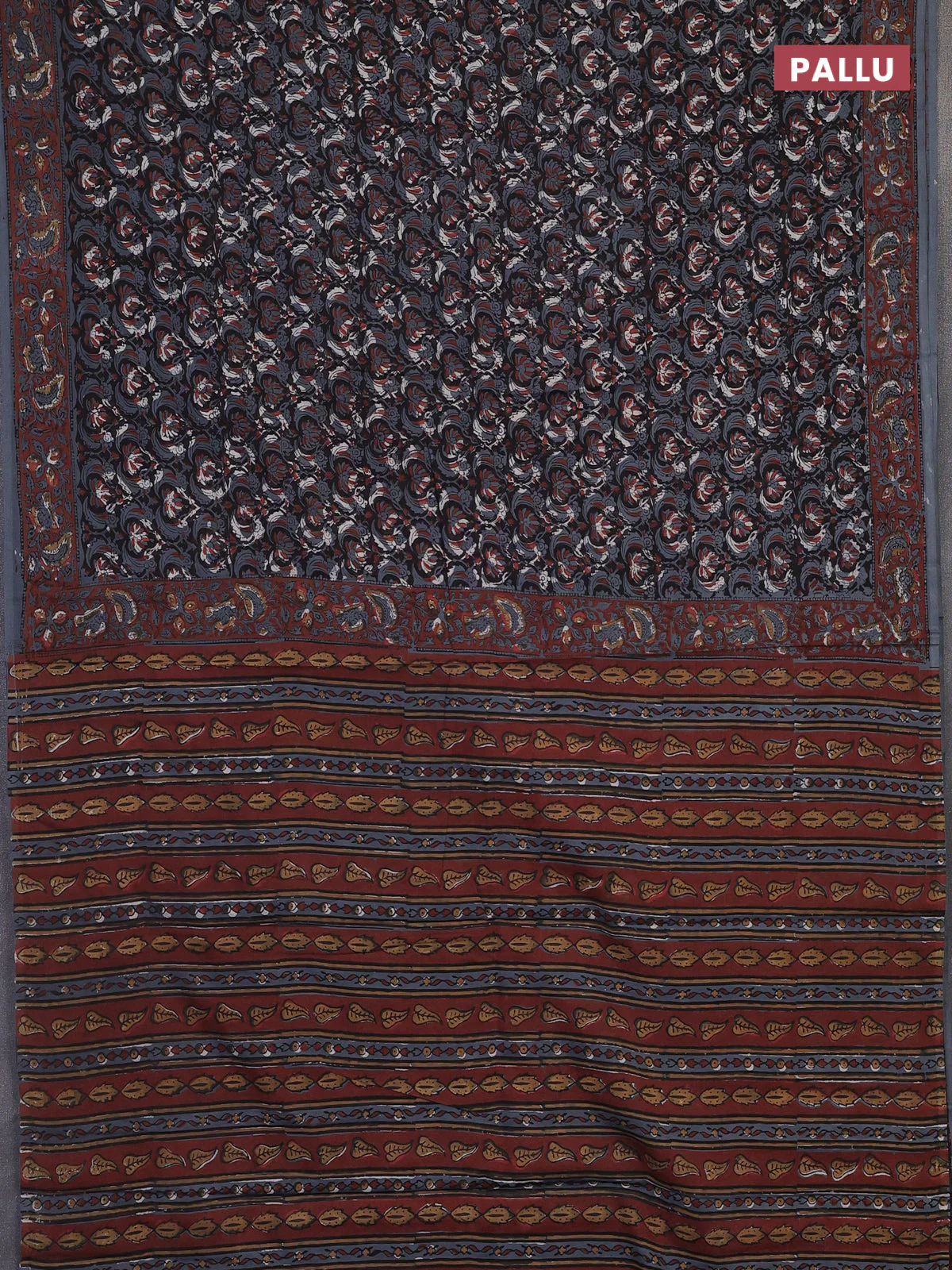Jaipur cotton saree black and grey with allover kalamkari prints and printed border - Image 3