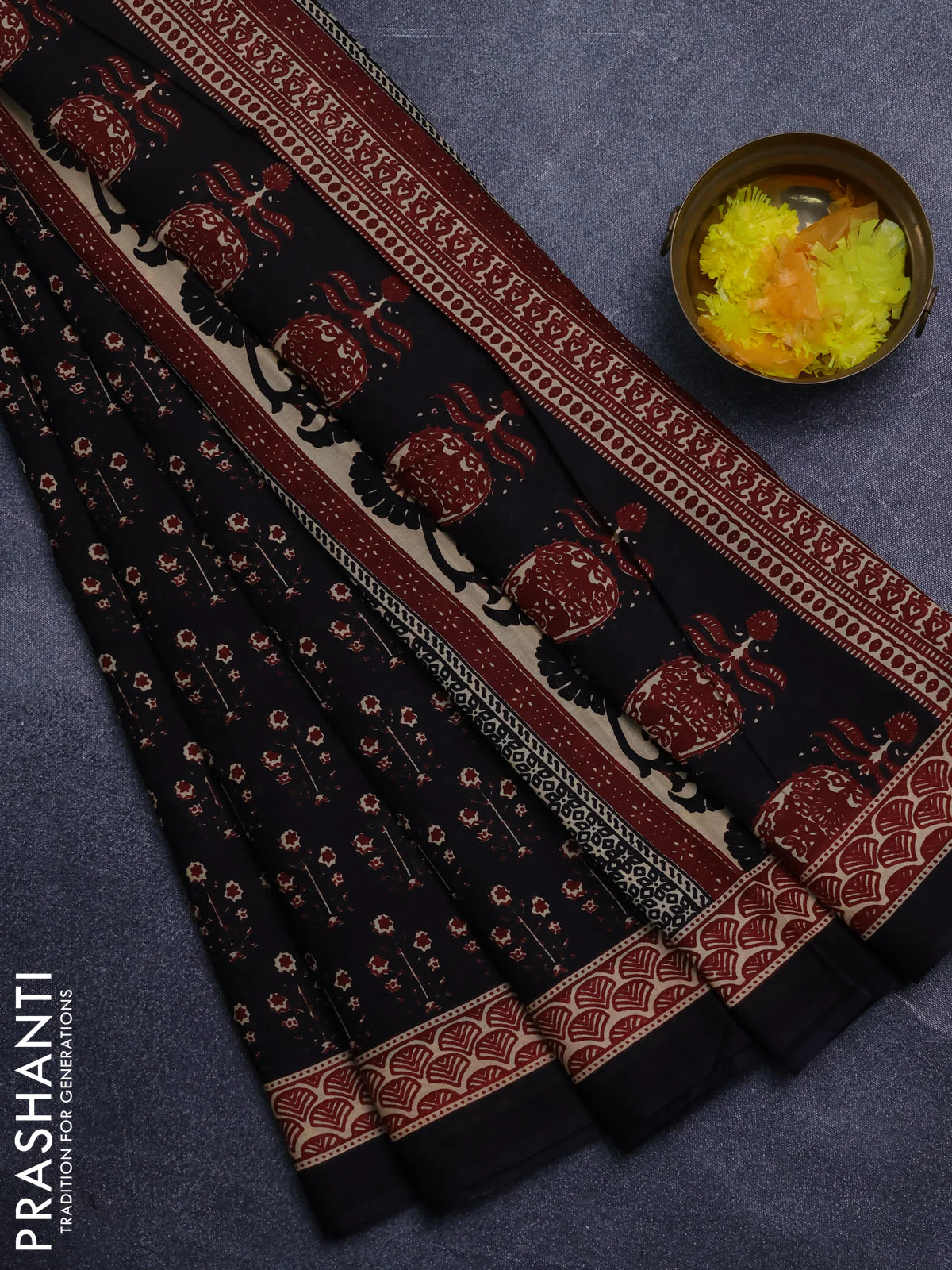 Jaipur cotton saree black and maroon with allover floral buttas and printed border