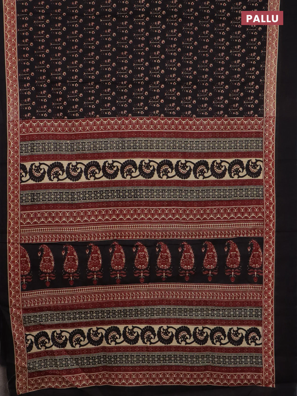 Jaipur cotton saree black and maroon with allover floral buttas and printed border - Image 3