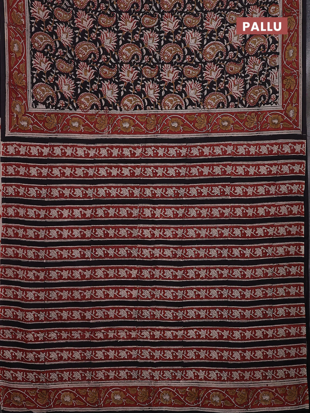 Jaipur cotton saree black and maroon with allover kalamkari prints and printed border - Image 3
