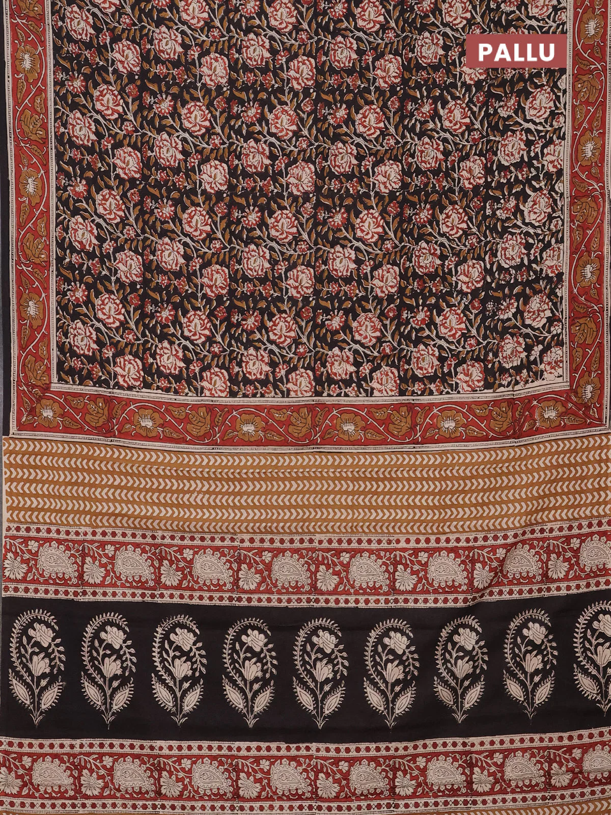 Jaipur cotton saree black and maroon with allover kalamkari prints and printed border - Image 3