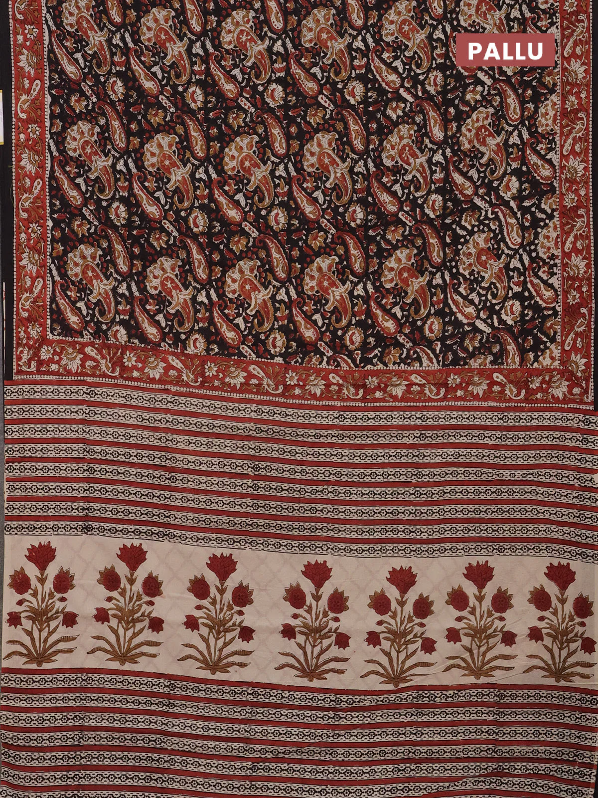 Jaipur cotton saree black and marron with allover kalamkari prints and printed border - Image 3