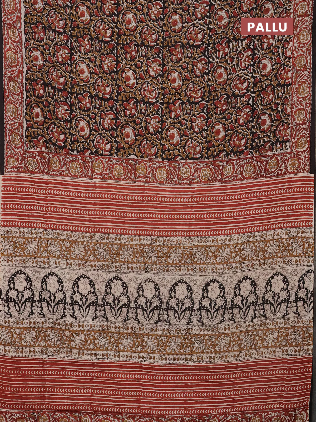Jaipur cotton saree black and marron with allover kalamkari prints and printed border - Image 3