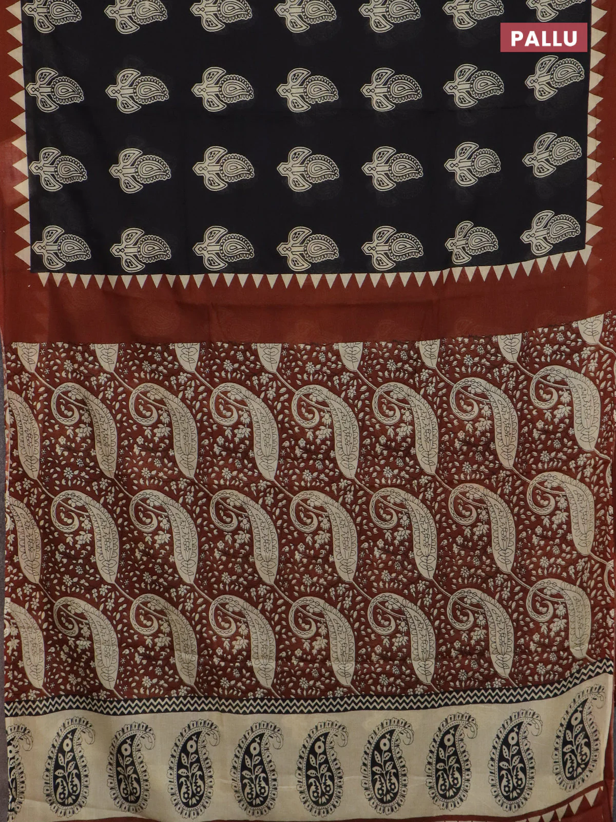 Jaipur cotton saree black and rust shade with paisley butta prints and printed border - Image 3