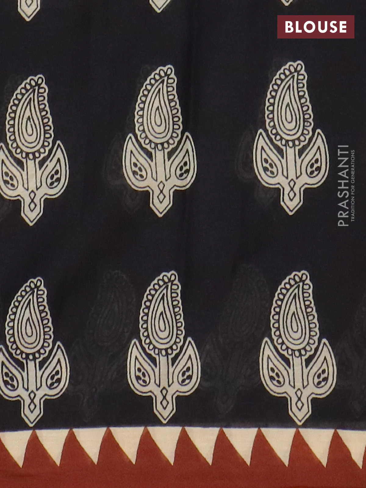 Jaipur cotton saree black and rust shade with paisley butta prints and printed border - Image 4