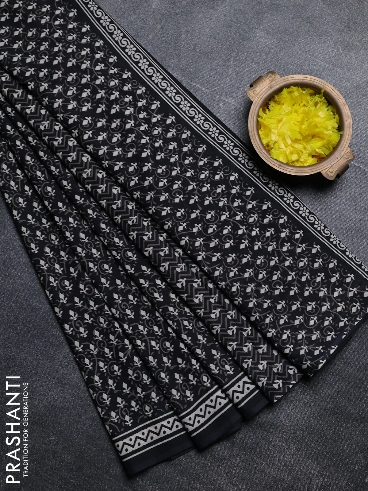 Jaipur cotton saree black with allover dabu prints and printed border