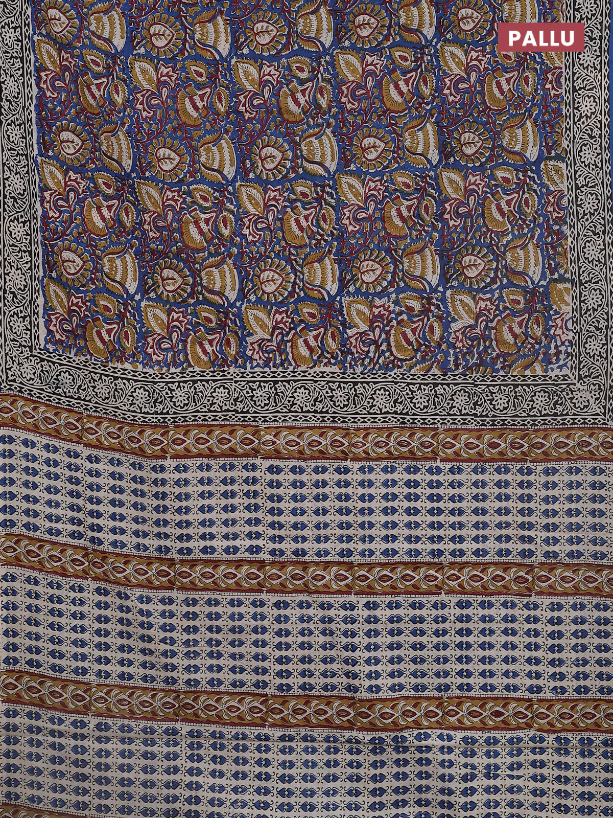 Jaipur cotton saree blue and black with allover kalamkari prints and printed border - Image 3