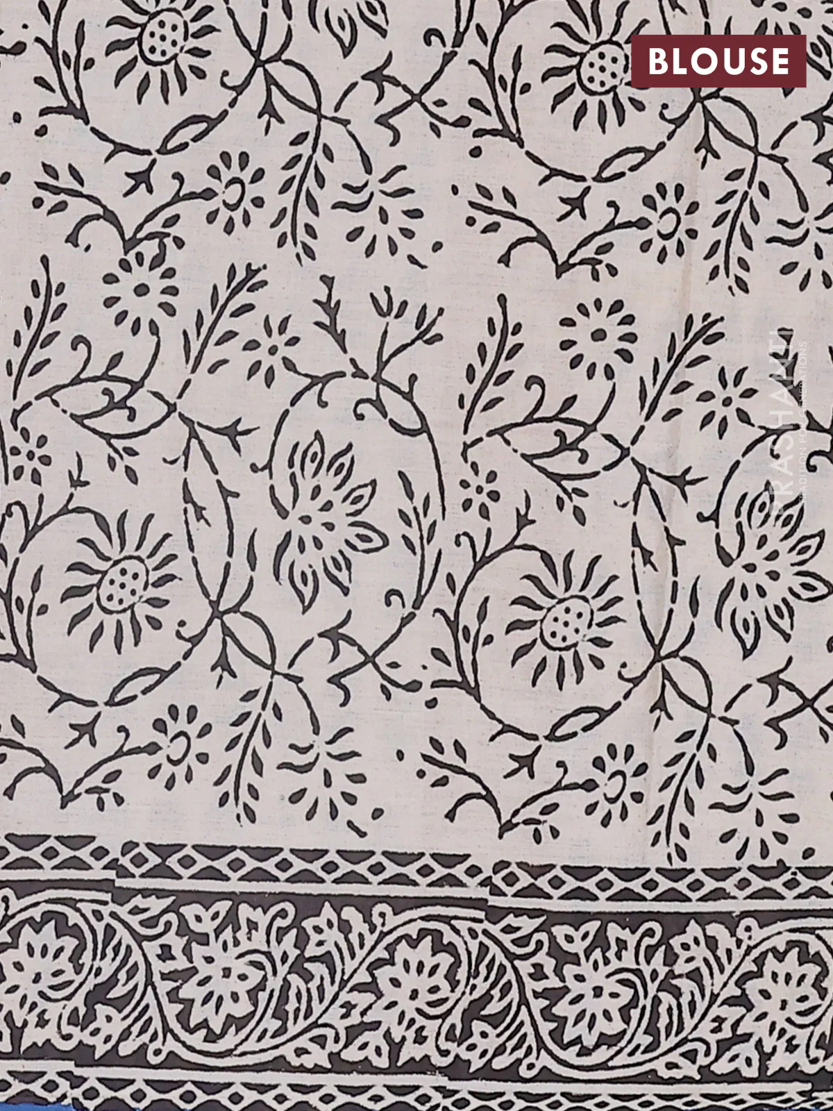 Jaipur cotton saree blue and black with allover kalamkari prints and printed border - Image 4