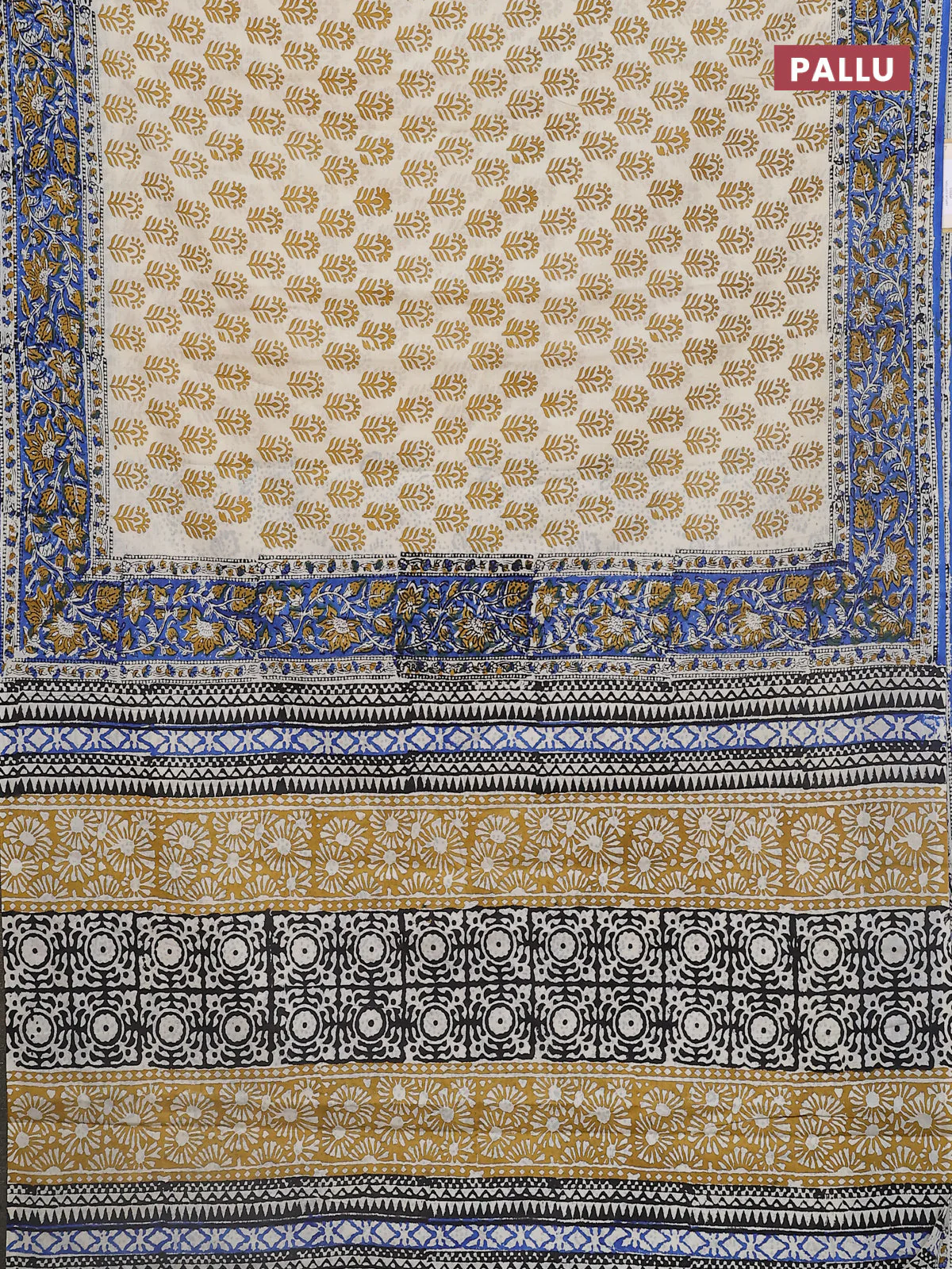 Jaipur cotton saree cream and blue with allover butta prints and printed border - Image 3