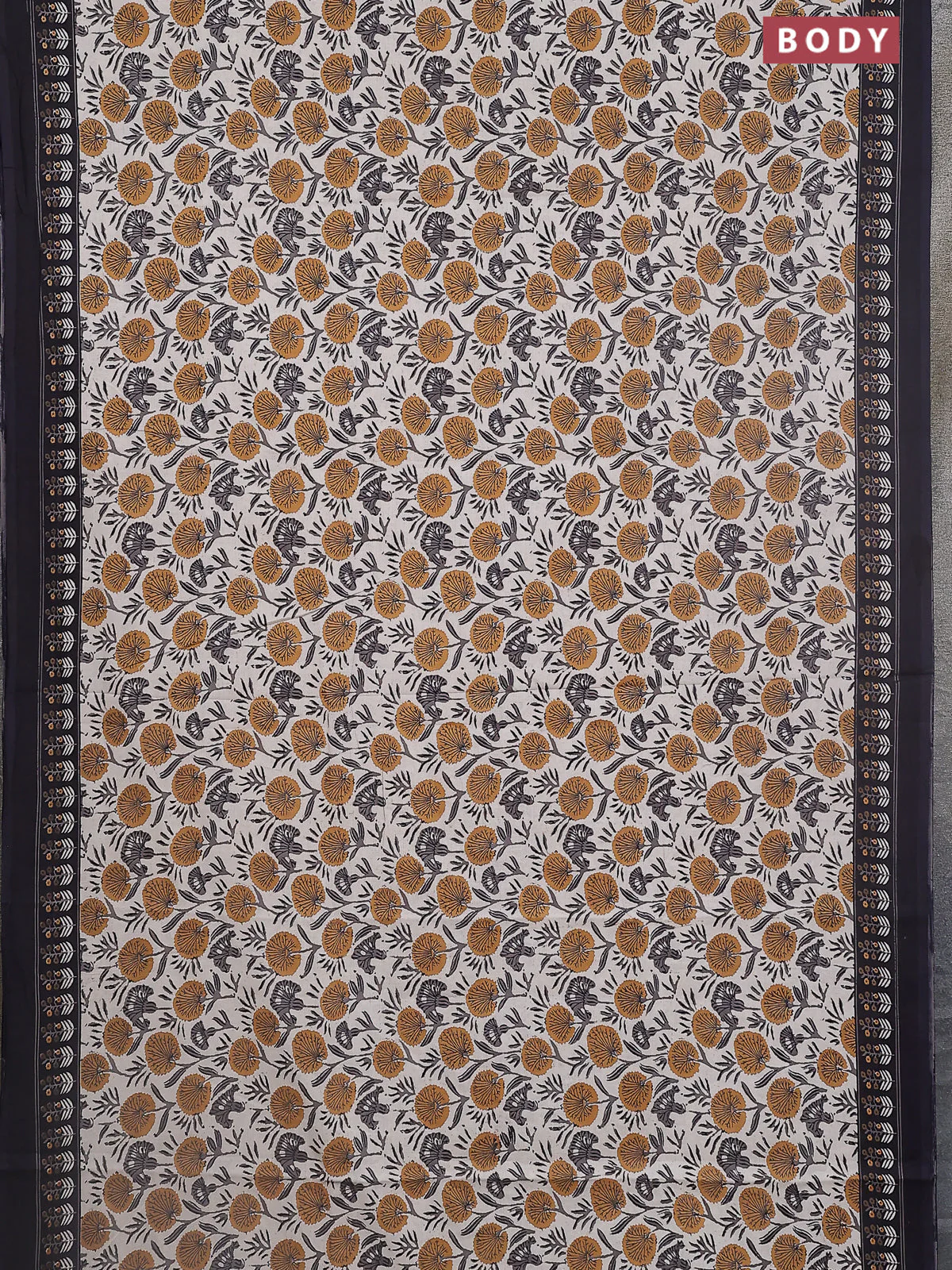 Jaipur cotton saree dark mustard and black with allover prints and printed border - Image 2