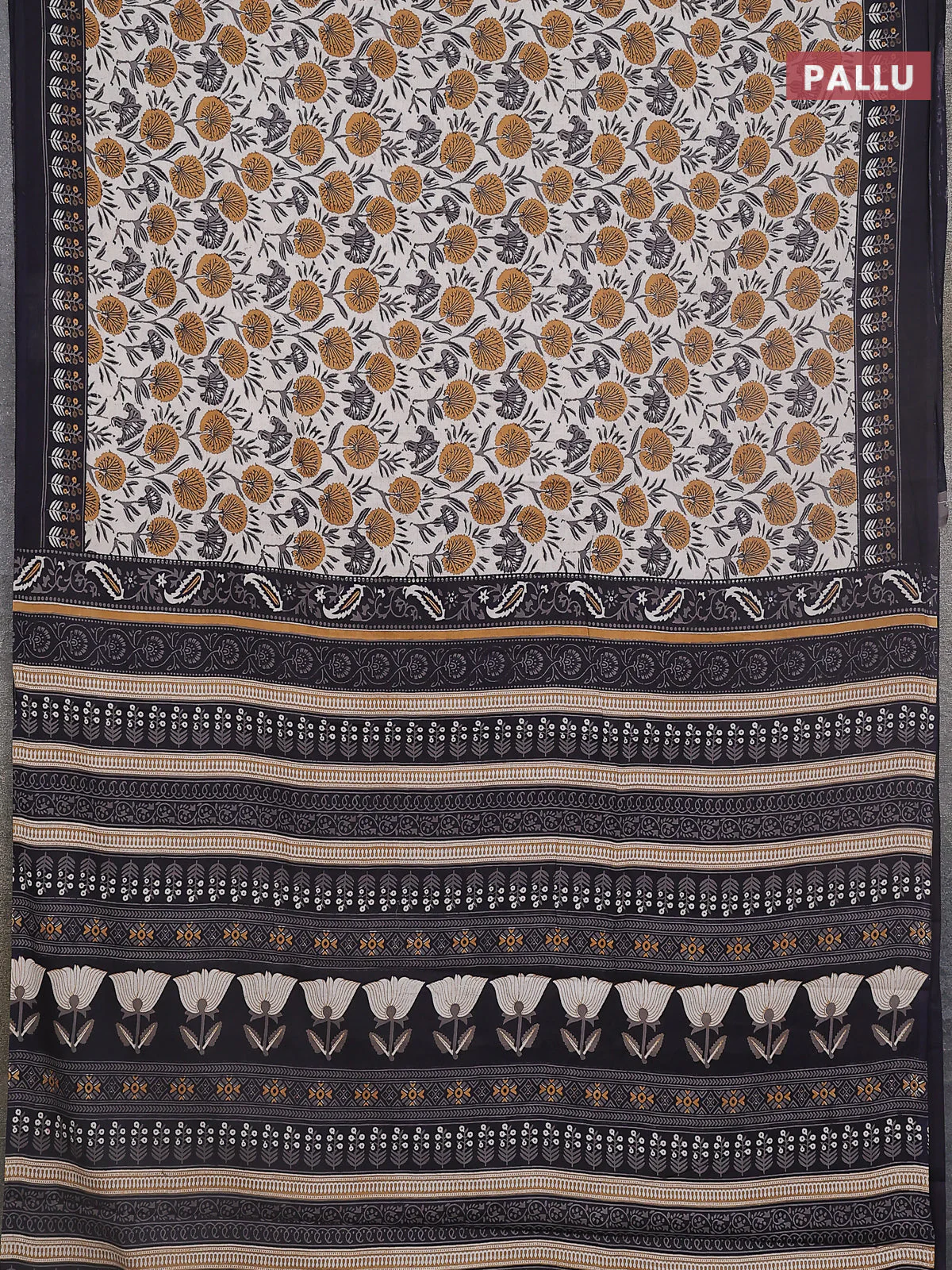 Jaipur cotton saree dark mustard and black with allover prints and printed border - Image 3