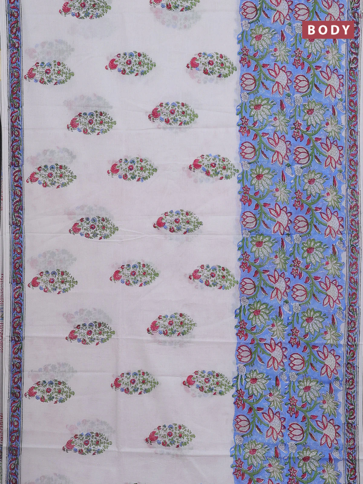 Jaipur cotton saree light blue and off white with allover floral prints and printed border - Image 2