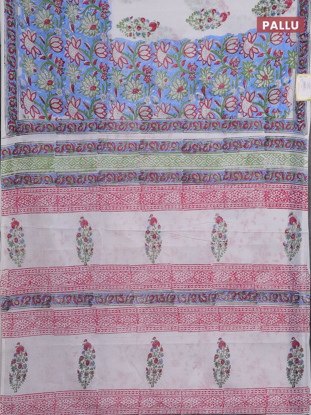 Jaipur cotton saree light blue and off white with allover floral prints and printed border - Image 3