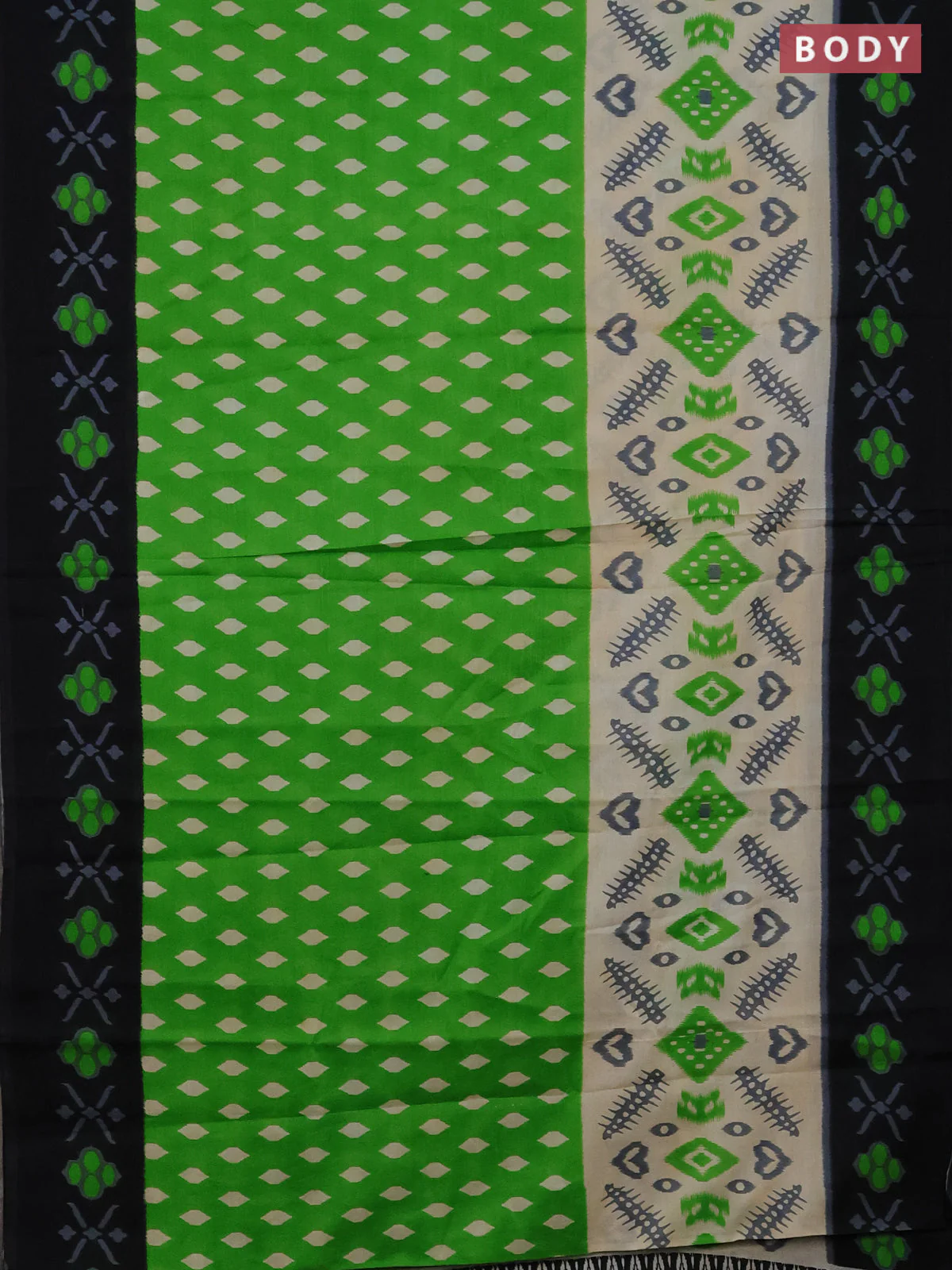 Jaipur cotton saree light green and black with allover ikat prints and printed border - Image 2