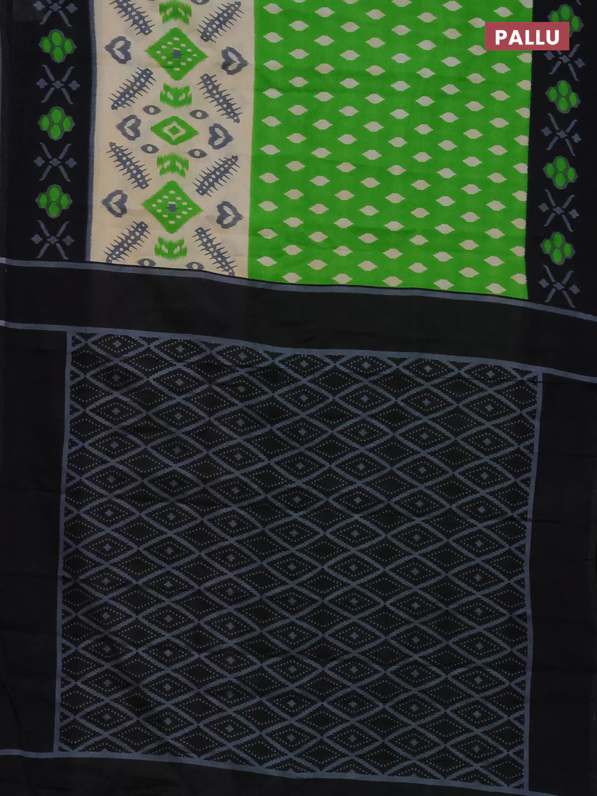 Jaipur cotton saree light green and black with allover ikat prints and printed border - Image 3