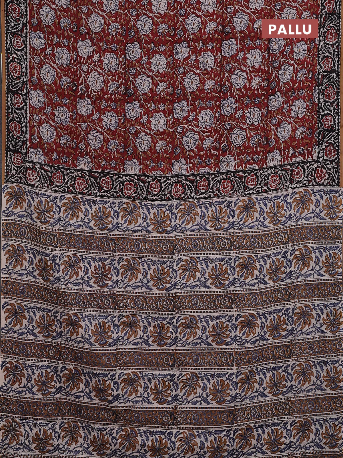 Jaipur cotton saree maroon and black with allover kalamkari prints and printed border - Image 3