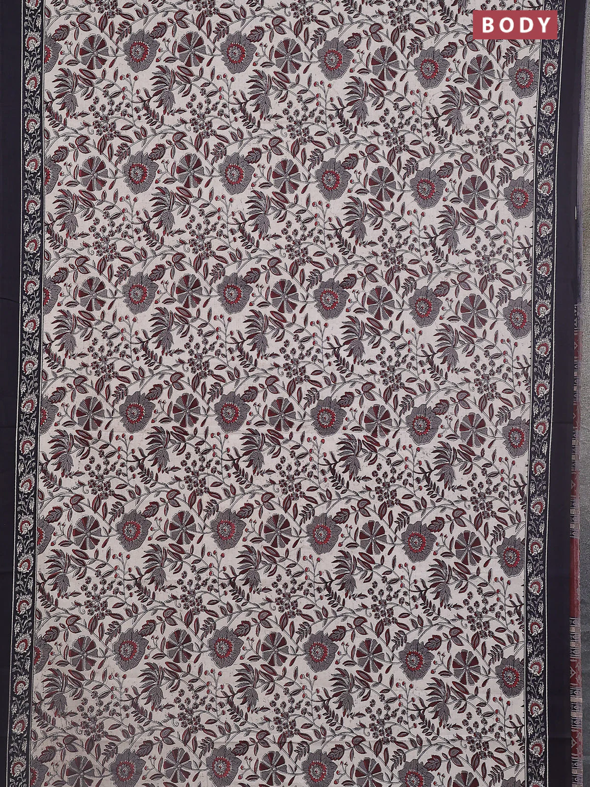 Jaipur cotton saree maroon and black with allover prints and printed border - Image 2