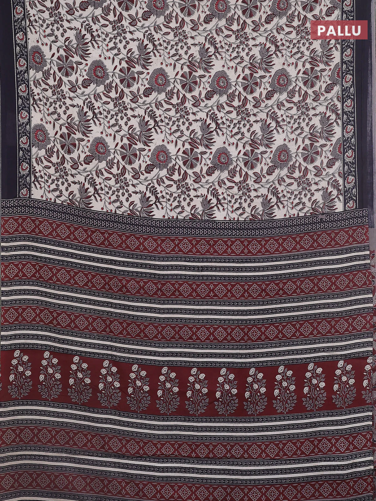 Jaipur cotton saree maroon and black with allover prints and printed border - Image 3