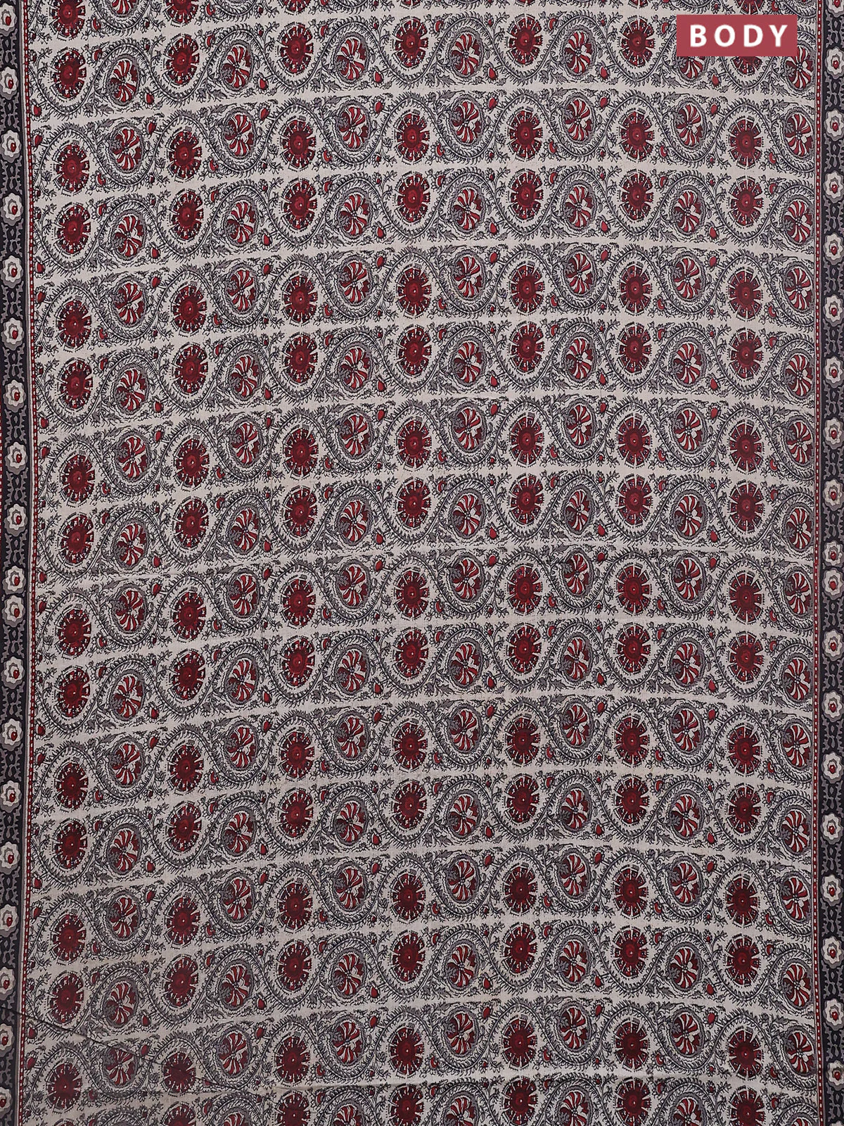 Jaipur cotton saree maroon and black with allover prints and printed border - Image 2