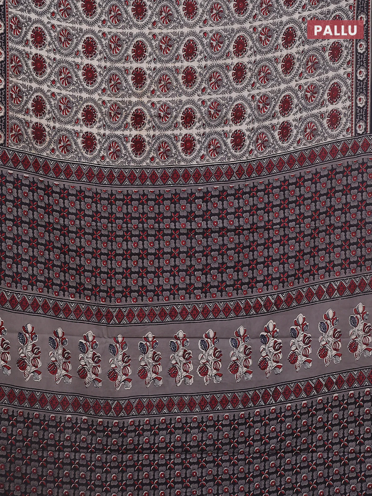 Jaipur cotton saree maroon and black with allover prints and printed border - Image 3