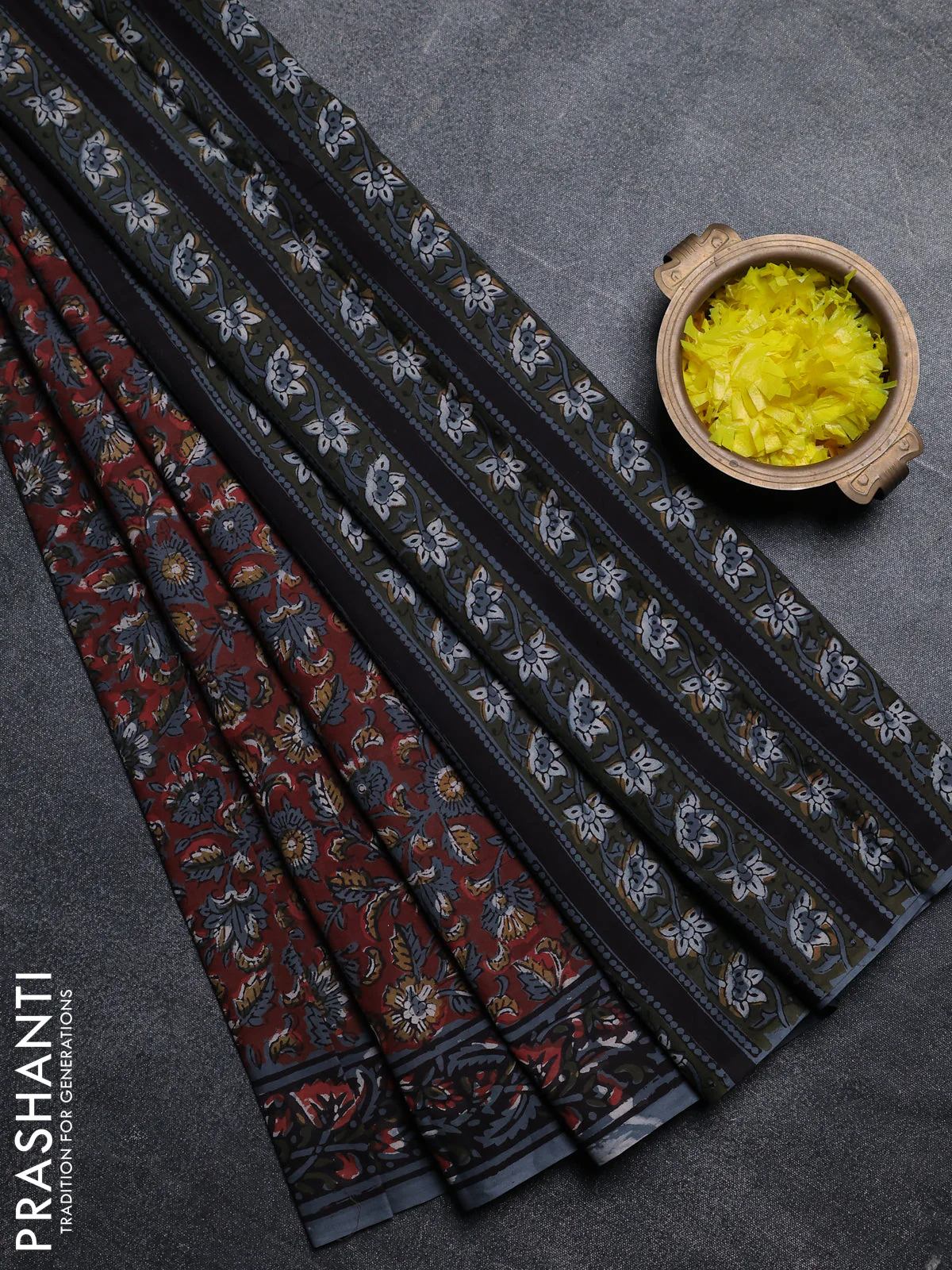 Jaipur cotton saree maroon and grey with allover kalamkari prints and printed border