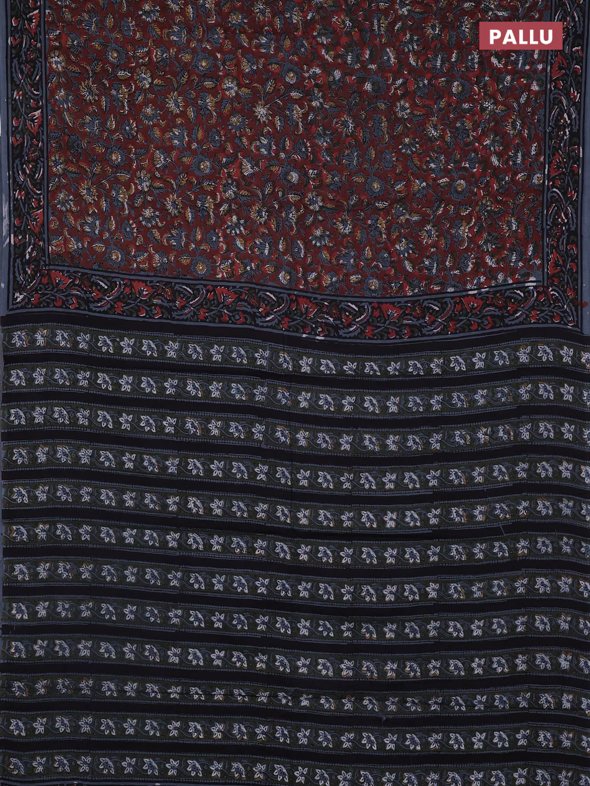 Jaipur cotton saree maroon and grey with allover kalamkari prints and printed border - Image 3