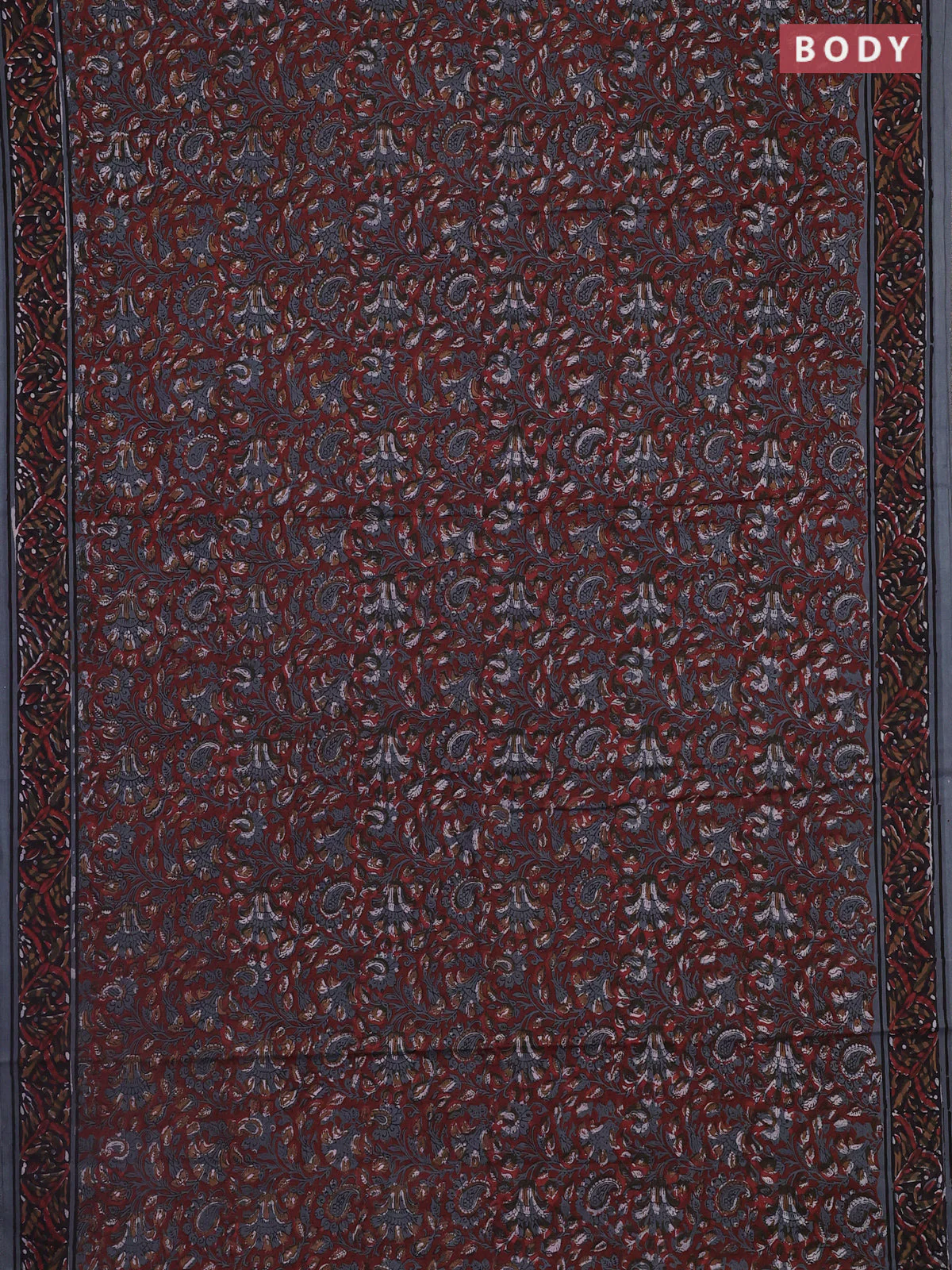 Jaipur cotton saree maroon shade and grey with allover kalamkari prints and printed border - Image 2