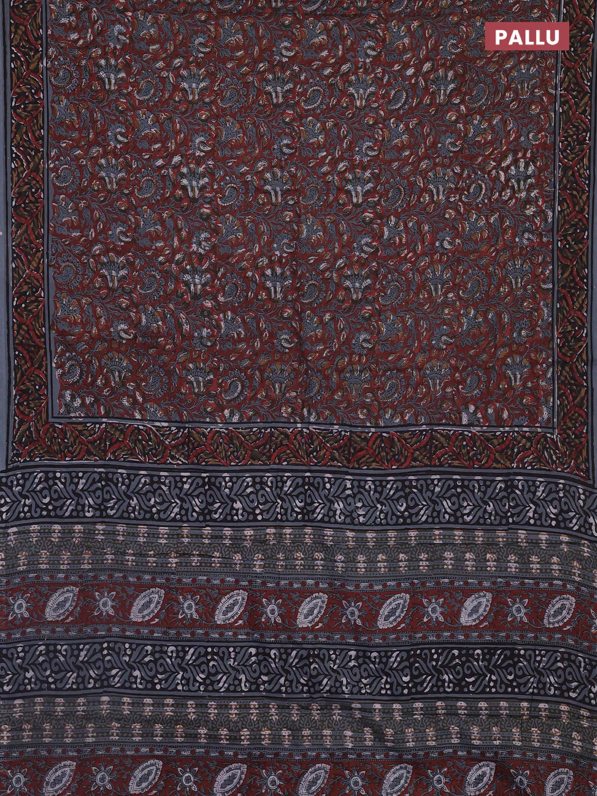 Jaipur cotton saree maroon shade and grey with allover kalamkari prints and printed border - Image 3