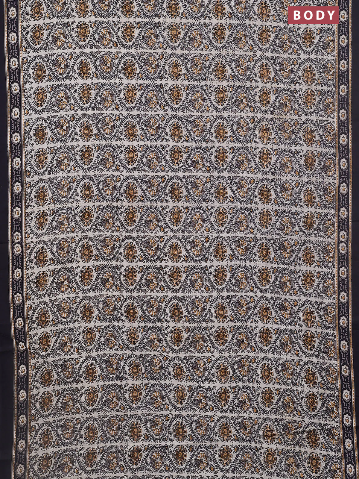 Jaipur cotton saree mustard yellow and black with allover prints and printed border - Image 2
