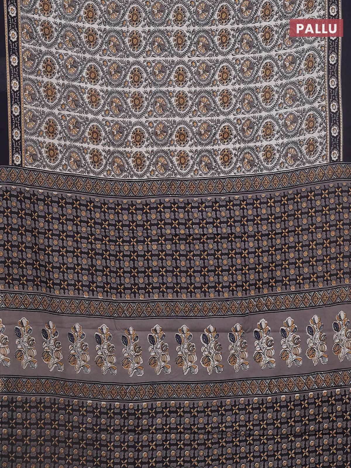 Jaipur cotton saree mustard yellow and black with allover prints and printed border - Image 3