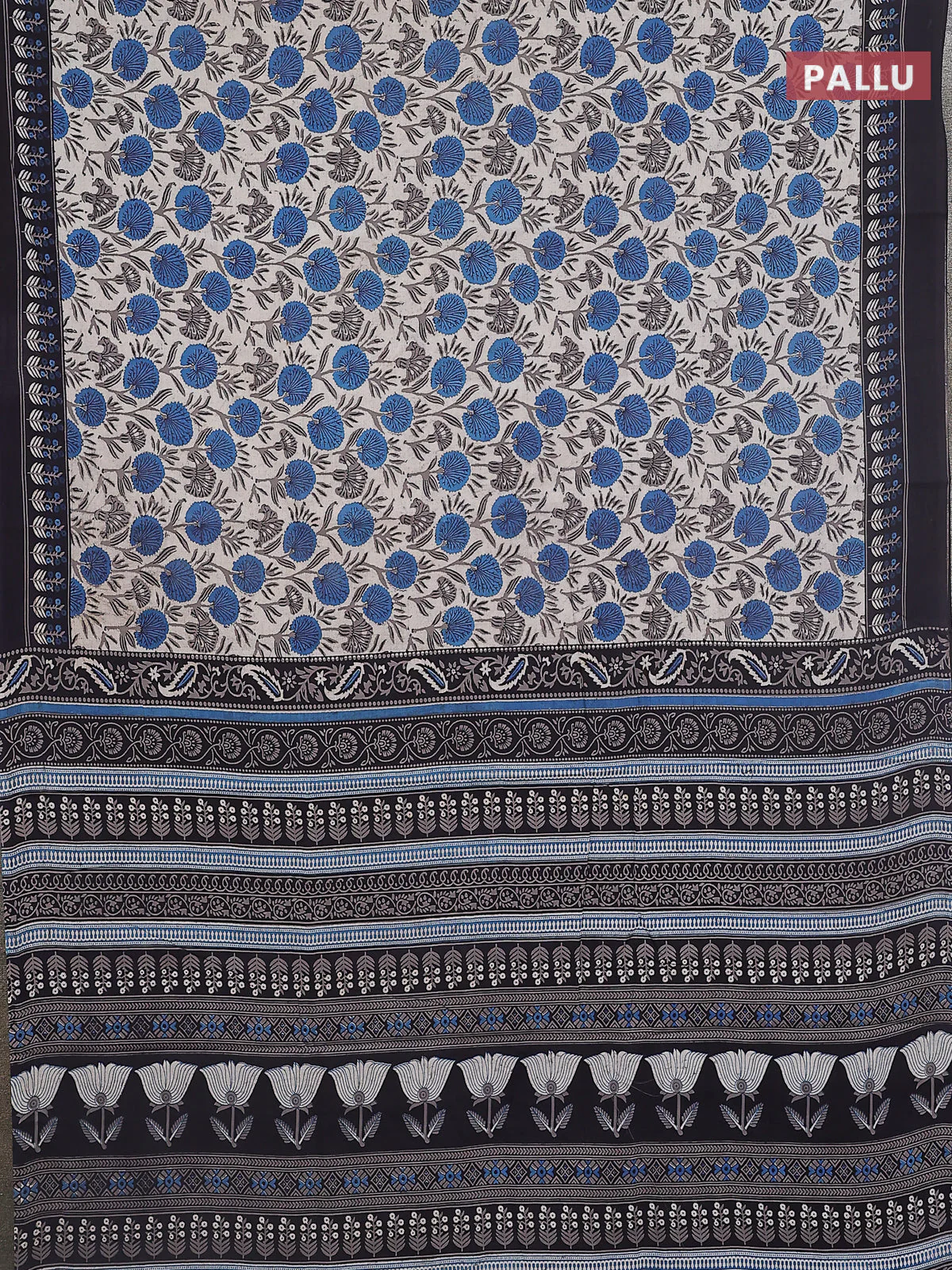 Jaipur cotton saree peacock blue and black with allover prints and printed border - Image 3