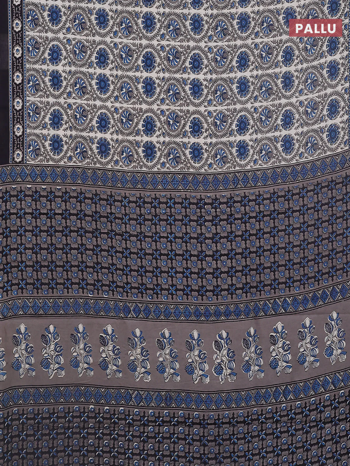 Jaipur cotton saree peacock blue and black with allover prints and printed border - Image 3