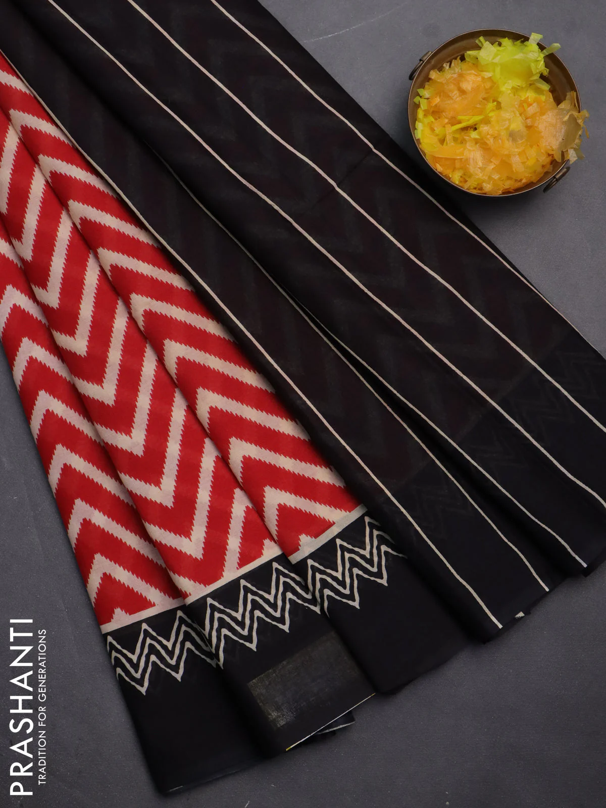 Jaipur cotton saree red and black with allover zig zag prints and printed border
