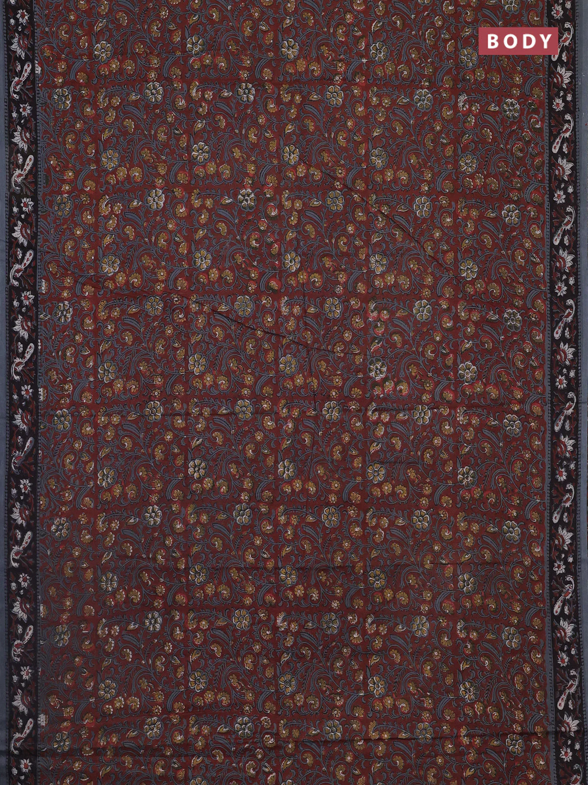 Jaipur cotton saree rust shade and black grey with allover kalamkari prints and printed border - Image 2